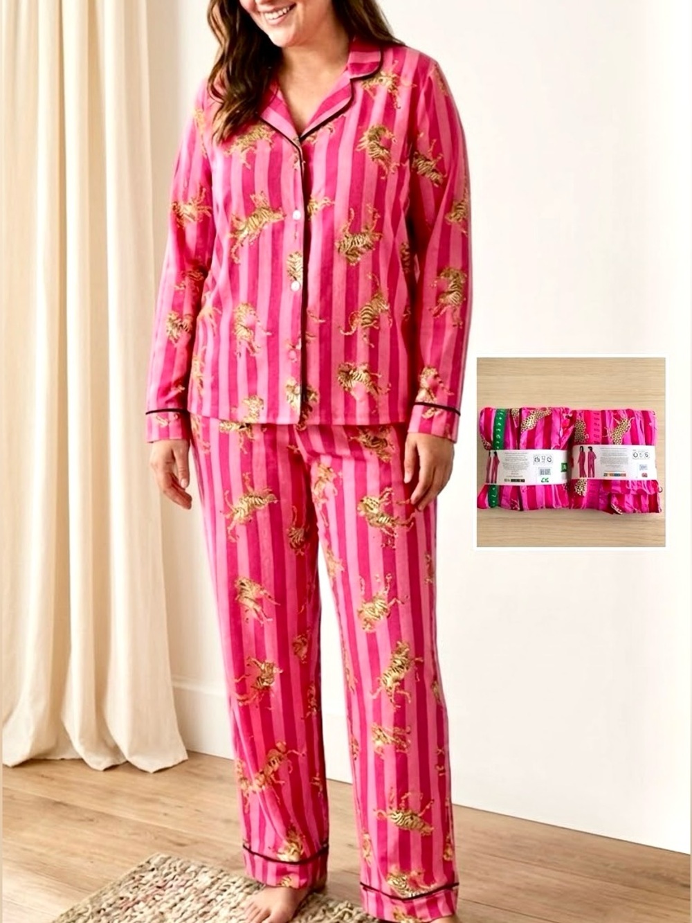 XL, XXL Room Service Pink Leopard Print Collar Pajama Sets Barbiecore Y2K NEW